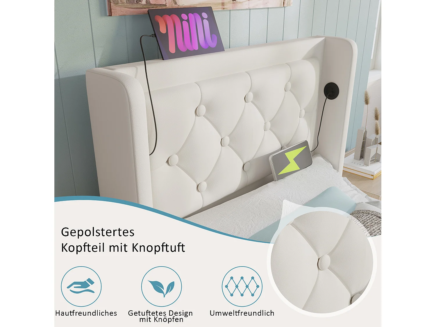 Cama contenedor 90 x 200 cm con cabecero - Tomas USB y Tipo C - LED - Cuero PU - Blanco (sin colchón)