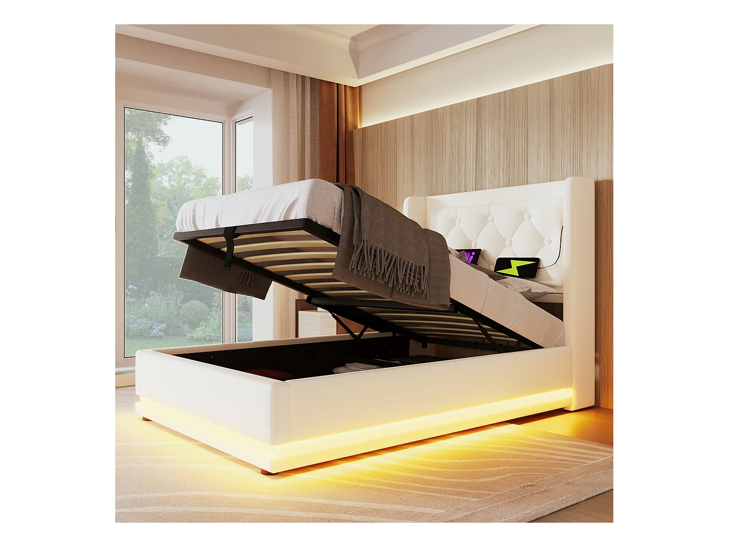 Cama contenedor 90 x 200 cm con cabecero - Tomas USB y Tipo C - LED - Cuero PU - Blanco (sin colchón)