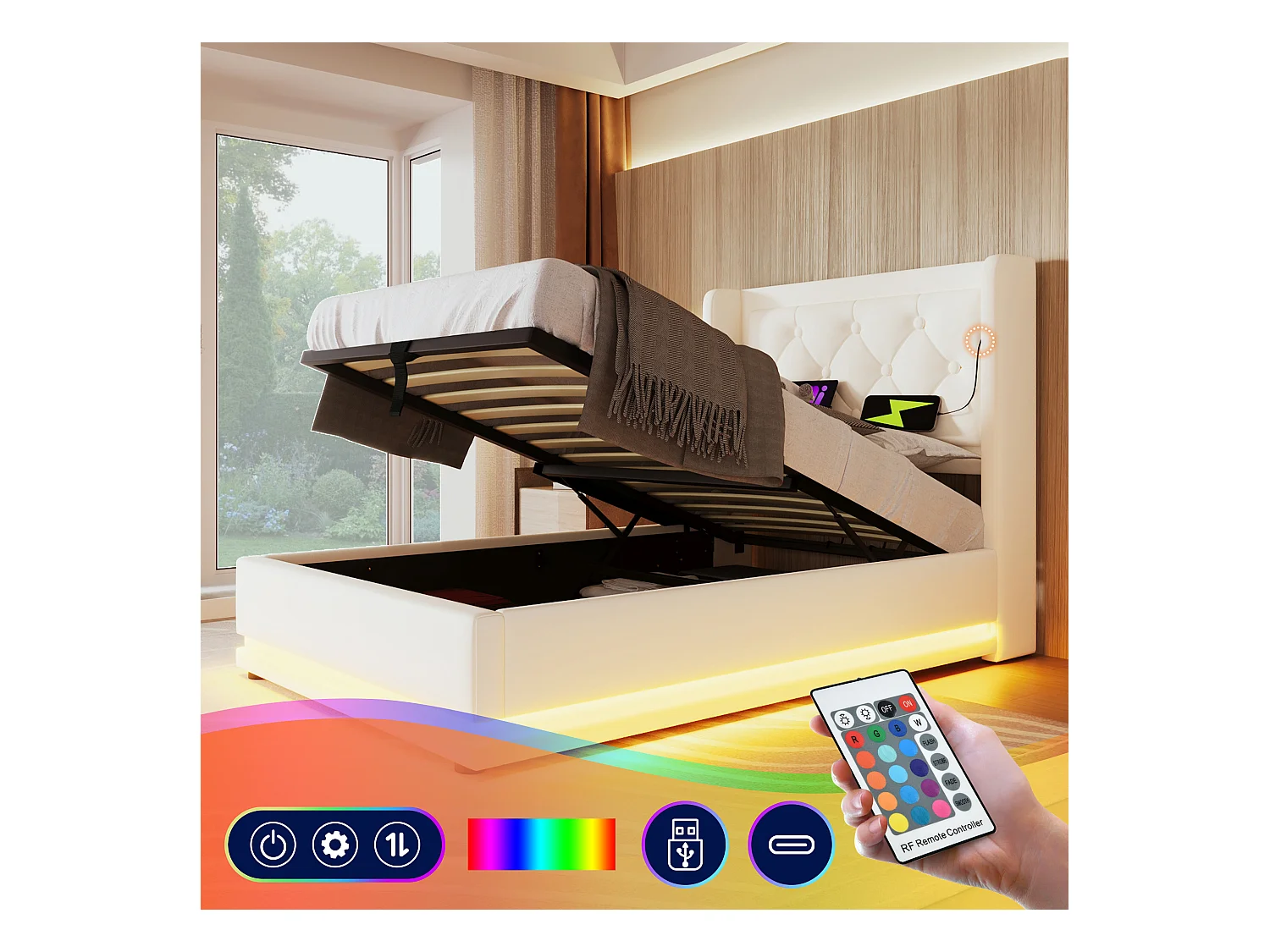 Lit coffre 90 x 200 cm avec tête de lit - Prises USB et Type-C - LEDs - Cuir PU - Blanc (sans matelas)