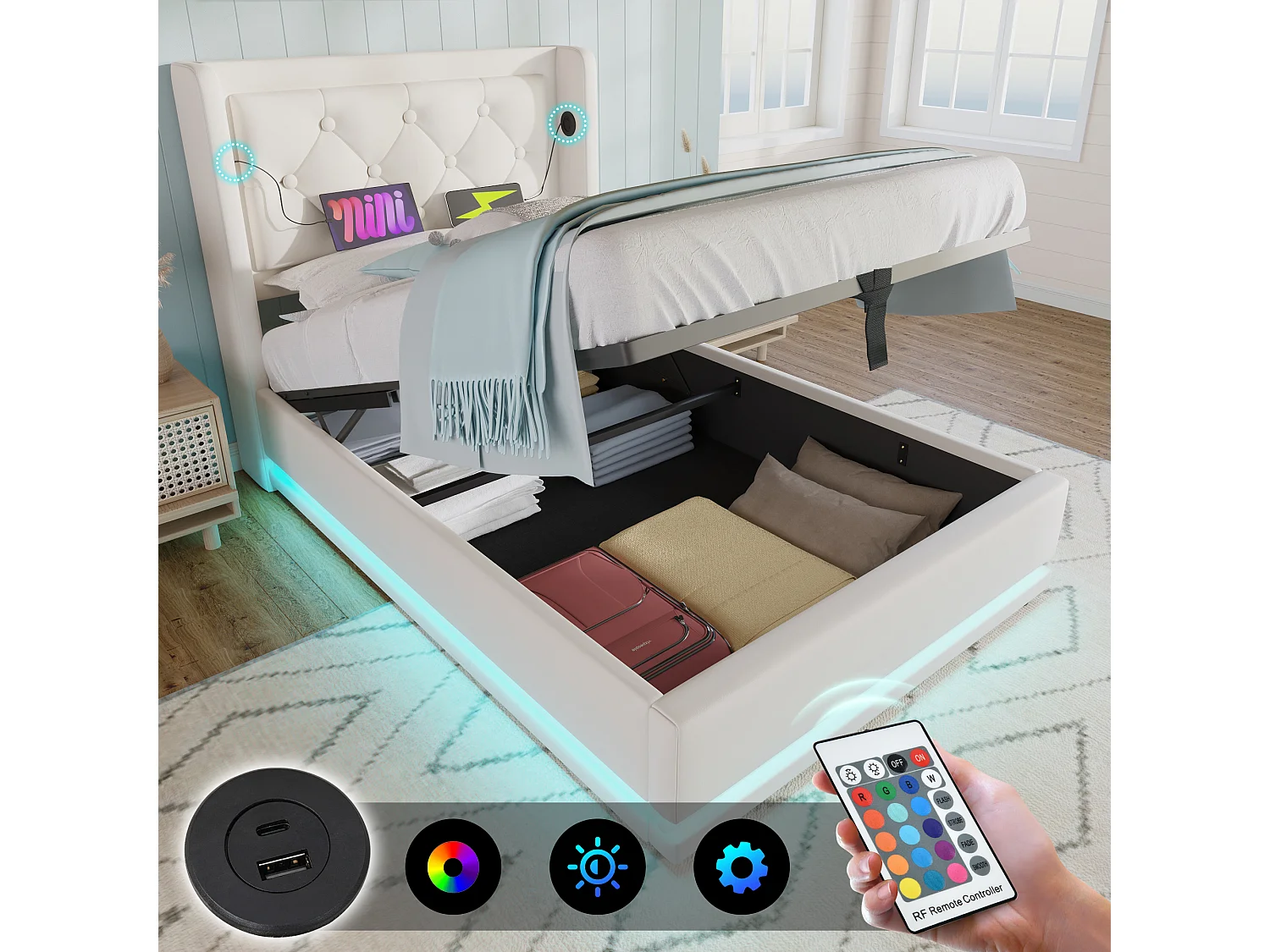 Lit coffre 90 x 200 cm avec tête de lit - Prises USB et Type-C - LEDs - Cuir PU - Blanc (sans matelas)