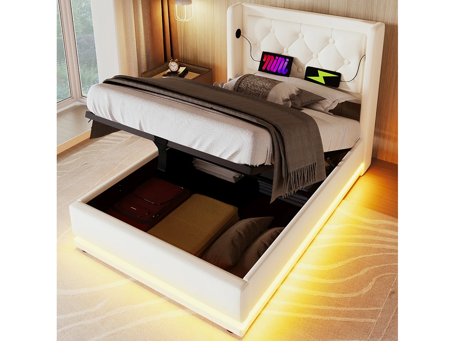 Lit coffre 90 x 200 cm avec tête de lit - Prises USB et Type-C - LEDs - Cuir PU - Blanc (sans matelas)