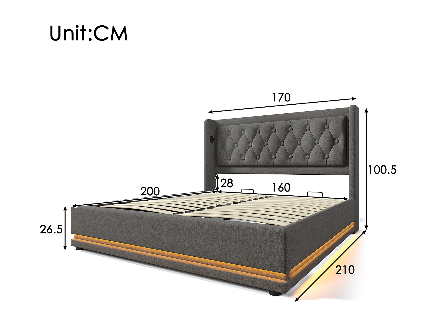 Lit coffre 160 x 200 cm avec tête de lit - Prises USB et Type-C - LEDs - Tissu en coton - Gris (sans matelas)