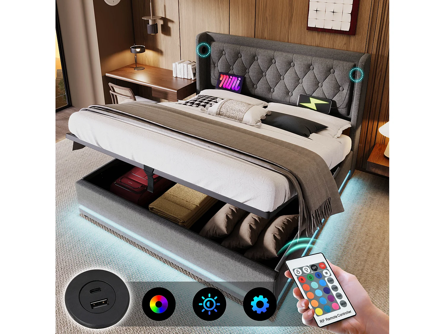 Lit coffre 160 x 200 cm avec tête de lit - Prises USB et Type-C - LEDs - Tissu en coton - Gris (sans matelas)