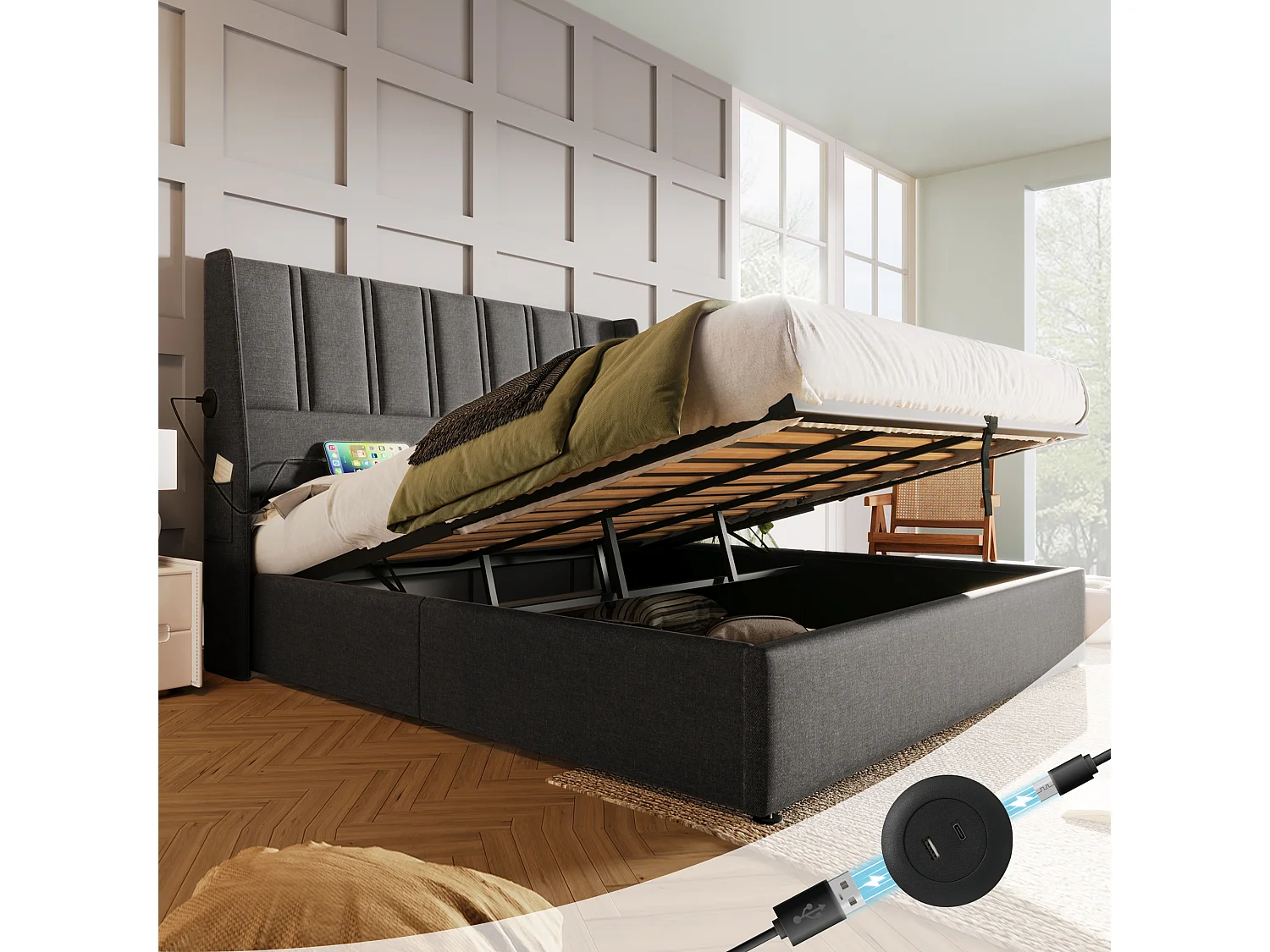 Lit coffre 180 x 200 cm avec tête de lit - Prises USB/Type-C - Tissu en lin - Gris (sans matelas)