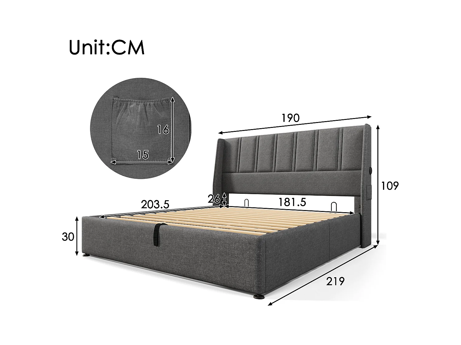 Lit coffre 180 x 200 cm avec tête de lit - Prises USB/Type-C - Tissu en lin - Gris (sans matelas)