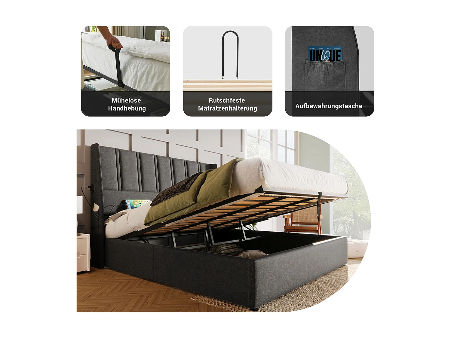 Lit coffre 180 x 200 cm avec tête de lit - Prises USB/Type-C - Tissu en lin - Gris (sans matelas)