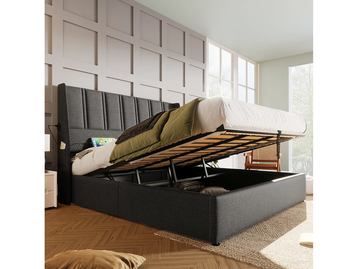 Lit coffre 180 x 200 cm avec tête de lit - Prises USB/Type-C - Tissu en lin - Gris (sans matelas)