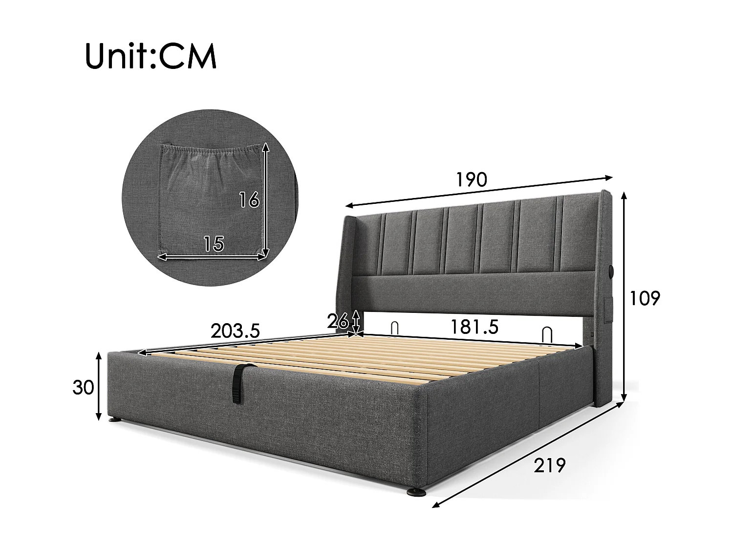 Lit coffre 180 x 200 cm avec tête de lit - Prises USB/Type-C - Tissu en lin - Gris (sans matelas)