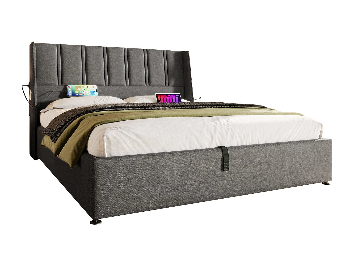 Lit coffre 180 x 200 cm avec tête de lit - Prises USB/Type-C - Tissu en lin - Gris (sans matelas)