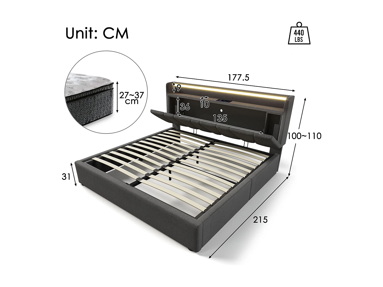 Opbergbed 160 x 200 cm met opberghoofdeinde - USB-aansluitingen en LED-verlichting - Linnenstof - Grijs