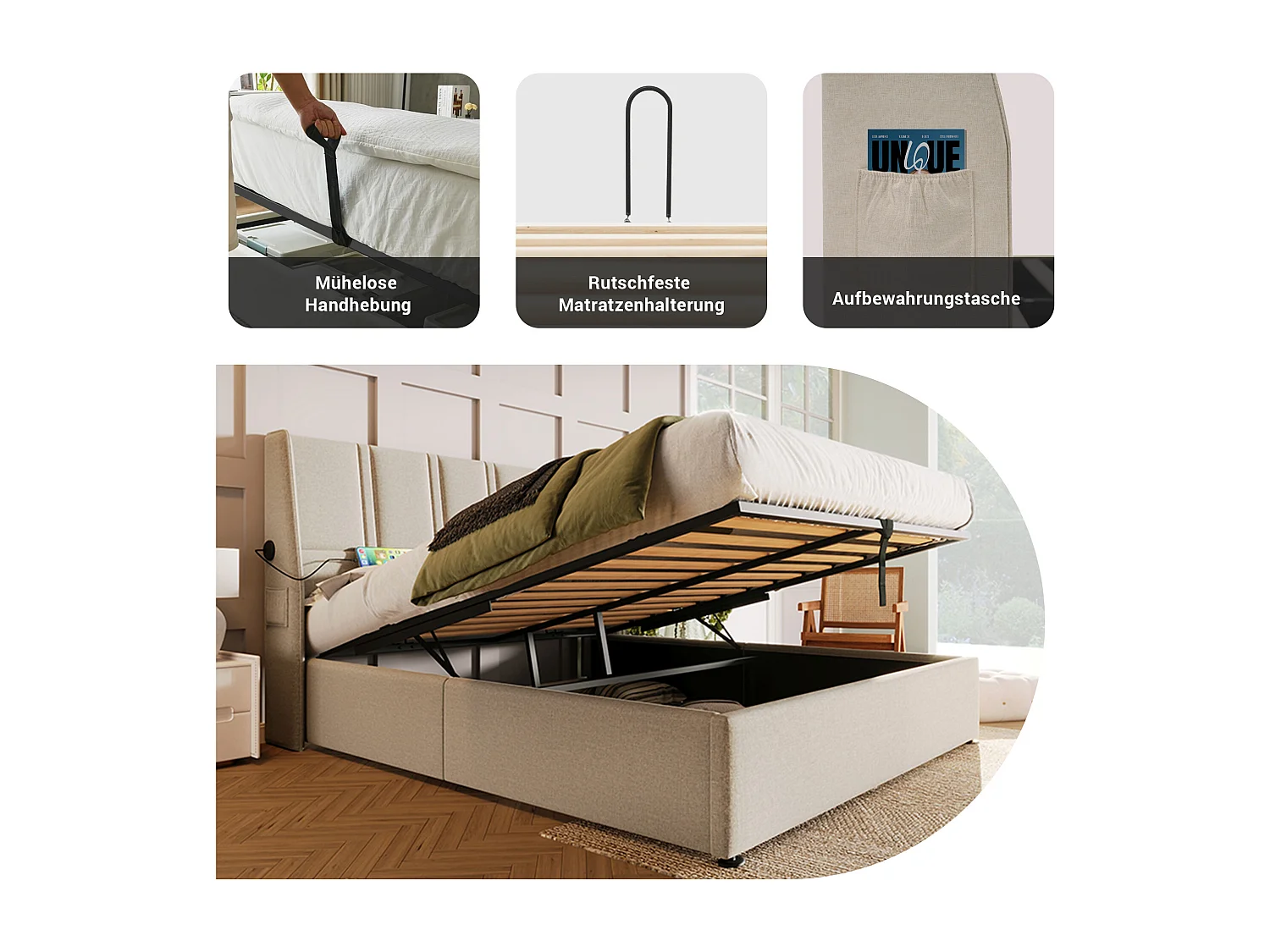 Lit coffre 140 x 200 cm avec tête de lit - Prises USB/Type-C - Tissu en lin - Beige (sans matelas)