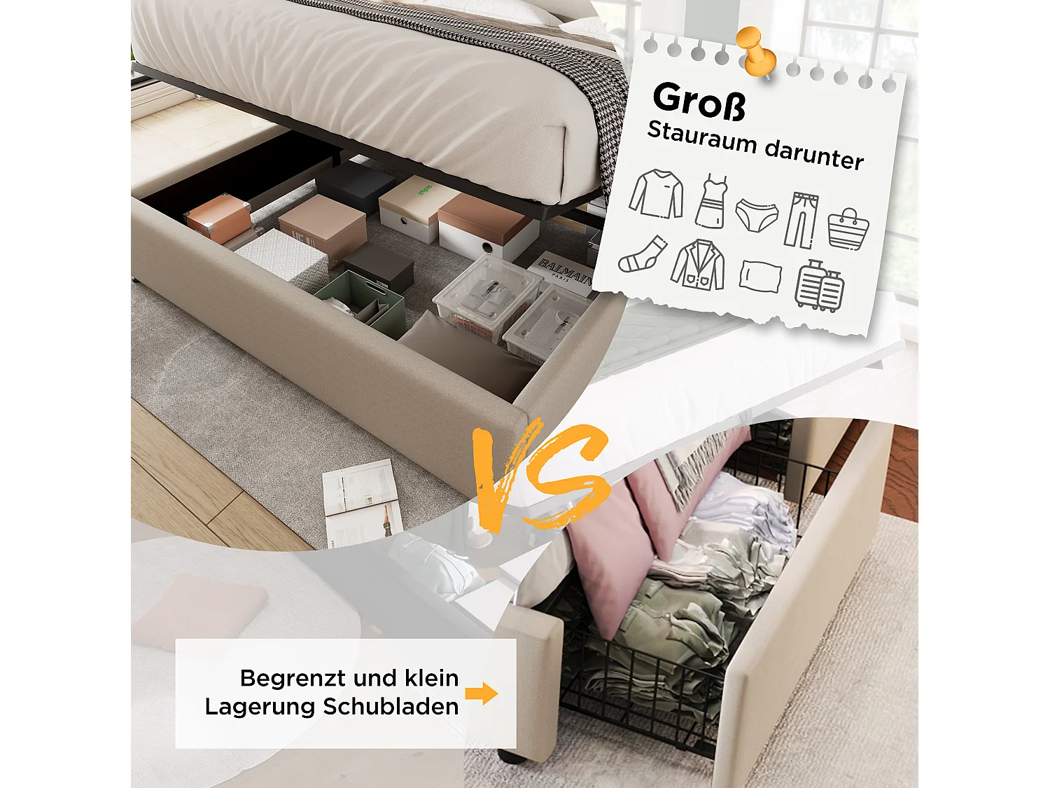 Lit coffre 140 x 200 cm avec tête de lit - Prises USB/Type-C - Tissu en lin - Beige (sans matelas)