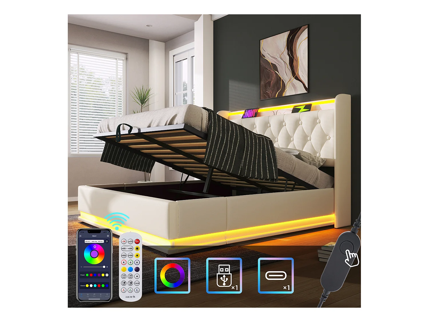Lit coffre 180 x 200 cm avec tête de lit rangement - Prises USB et LEDs - Cuir PU - Motif boutons - Blanc (sans matelas)