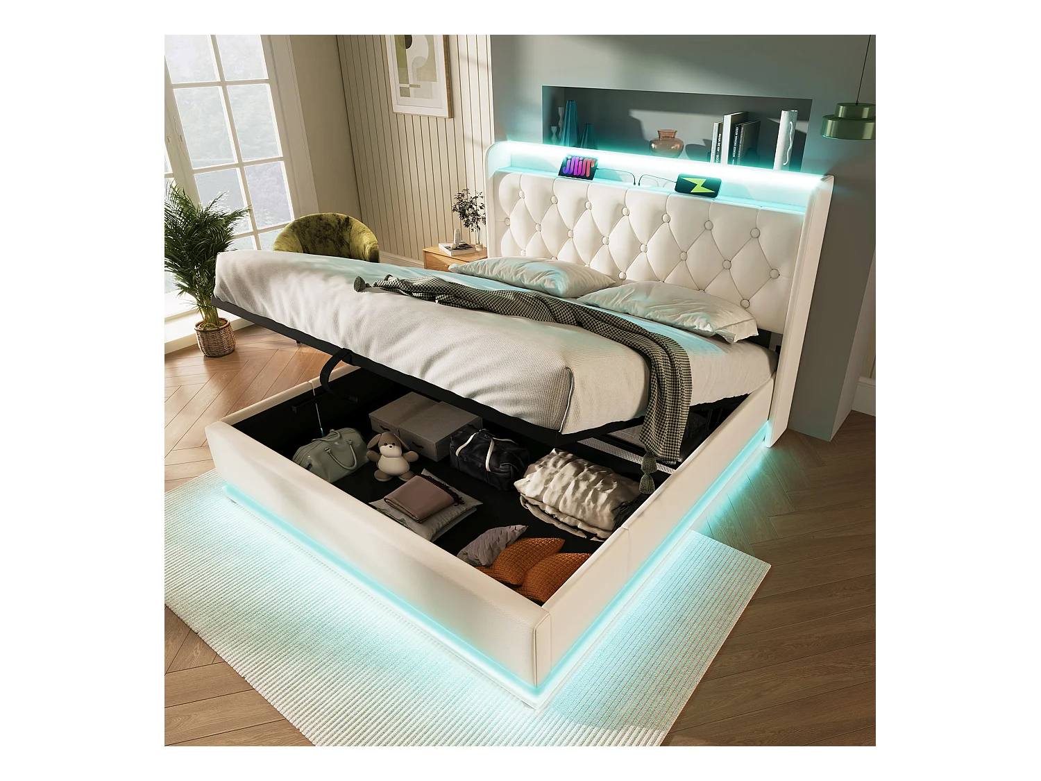 Lit coffre 180 x 200 cm avec tête de lit rangement - Prises USB et LEDs - Cuir PU - Motif boutons - Blanc (sans matelas)