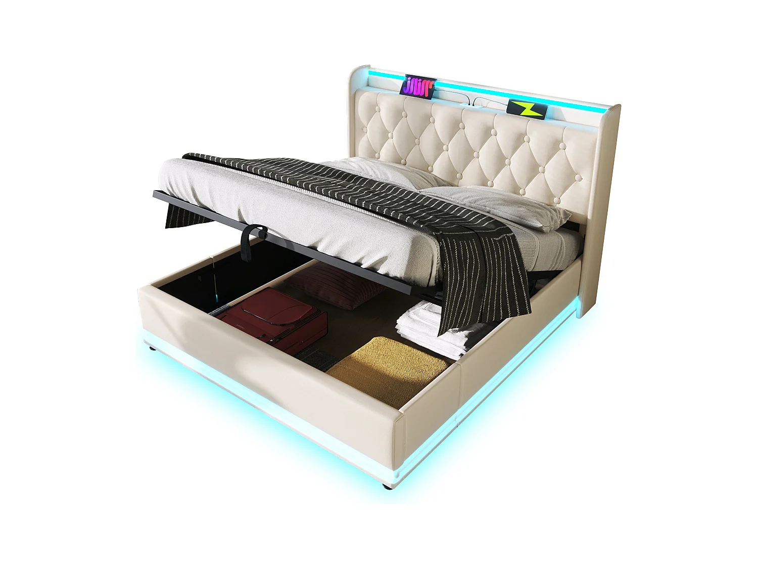 Lit coffre 180 x 200 cm avec tête de lit rangement - Prises USB et LEDs - Cuir PU - Motif boutons - Blanc (sans matelas)