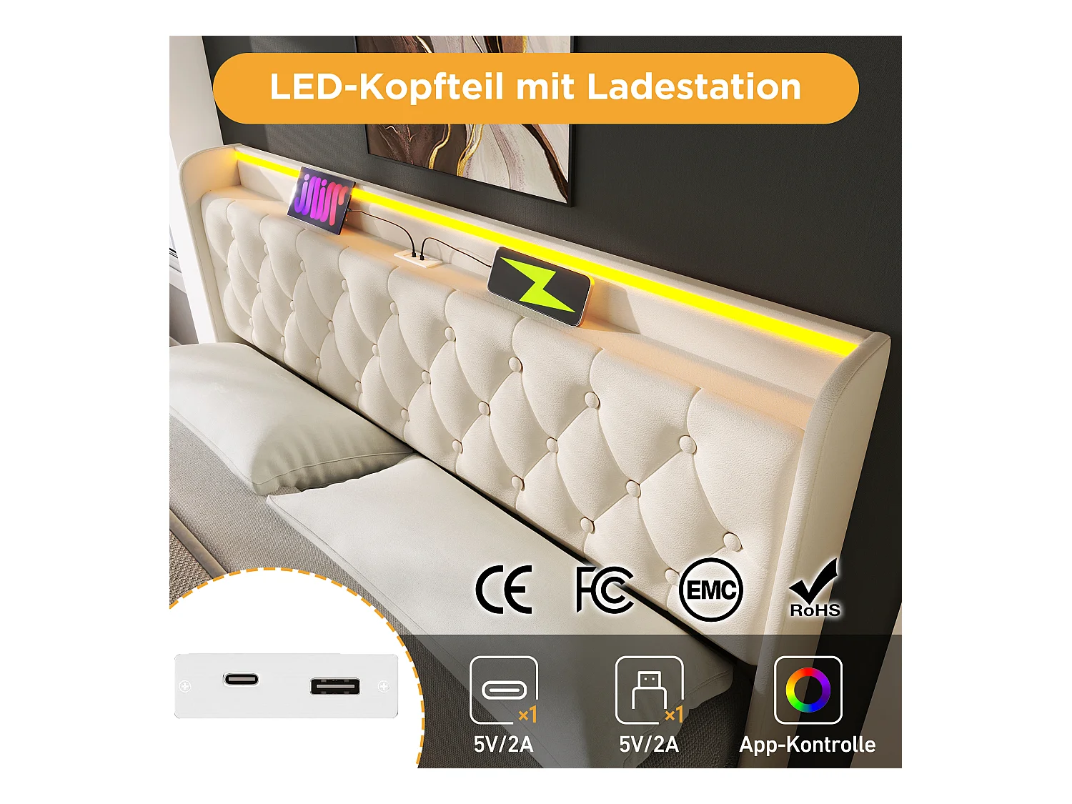 Lit coffre 180 x 200 cm avec tête de lit rangement - Prises USB et LEDs - Cuir PU - Motif boutons - Blanc (sans matelas)