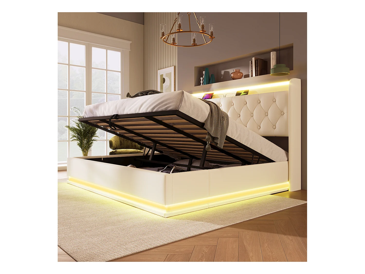 Lit coffre 180 x 200 cm avec tête de lit rangement - Prises USB et LEDs - Cuir PU - Motif boutons - Blanc (sans matelas)