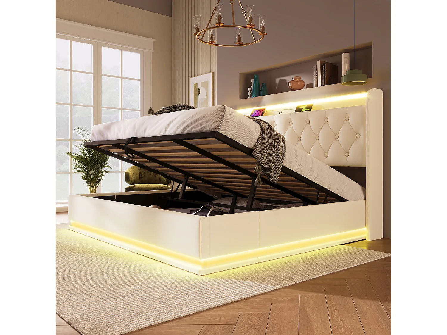 Lit coffre 180 x 200 cm avec tête de lit rangement - Prises USB et LEDs - Cuir PU - Motif boutons - Blanc (sans matelas)