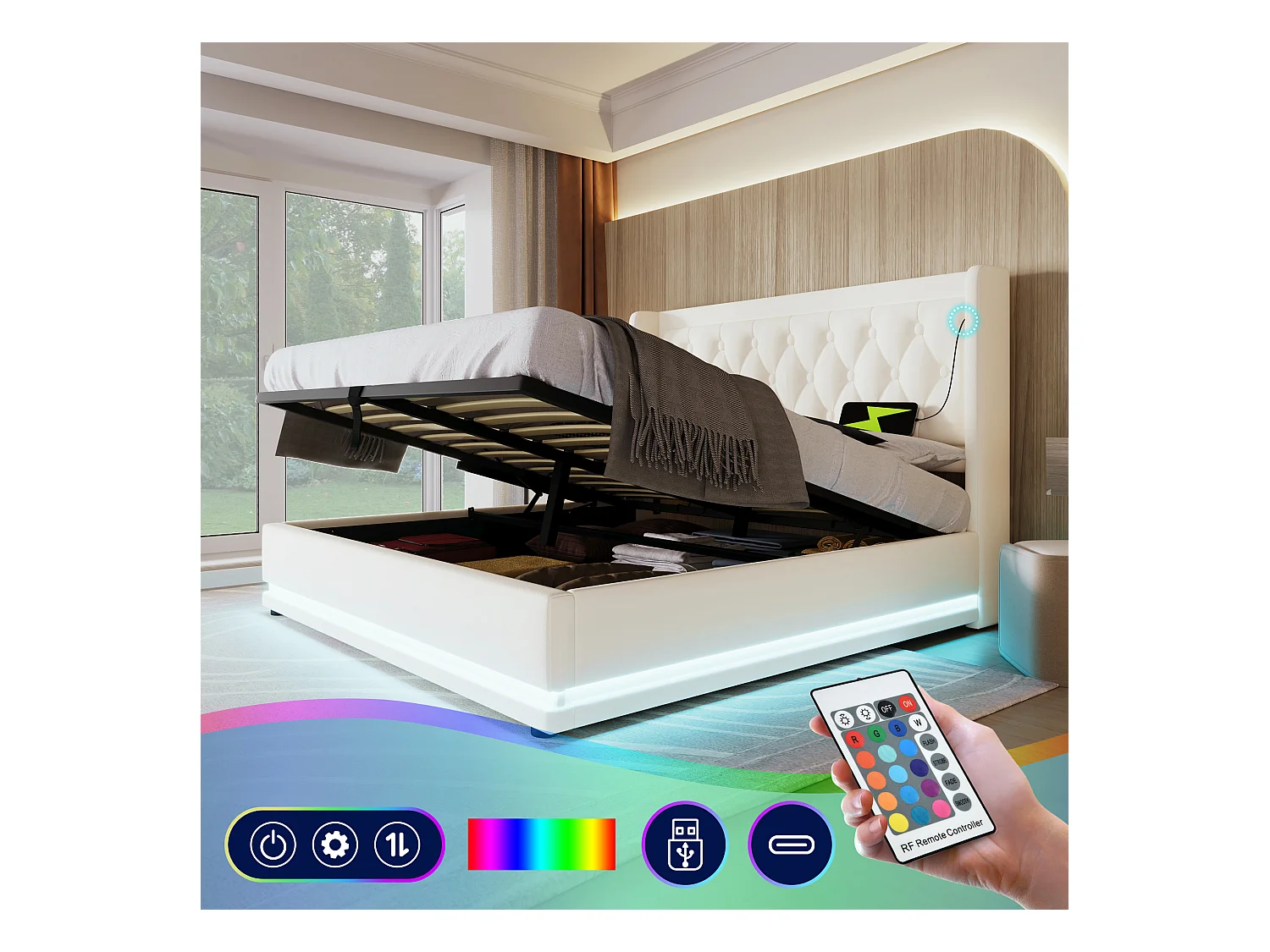 Lit coffre 140 x 200 cm avec tête de lit - Prises USB et Type-C - LEDs - Cuir PU - Blanc (sans matelas)