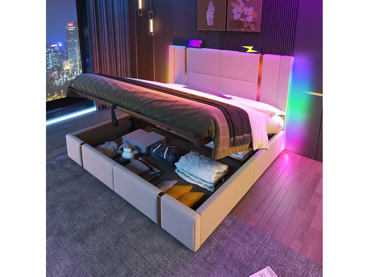 Opbergbed 140 x 200 cm met hoofdeinde - USB- en Type-C-aansluitingen - LED's - Linnenstof - Beige (zonder matras)