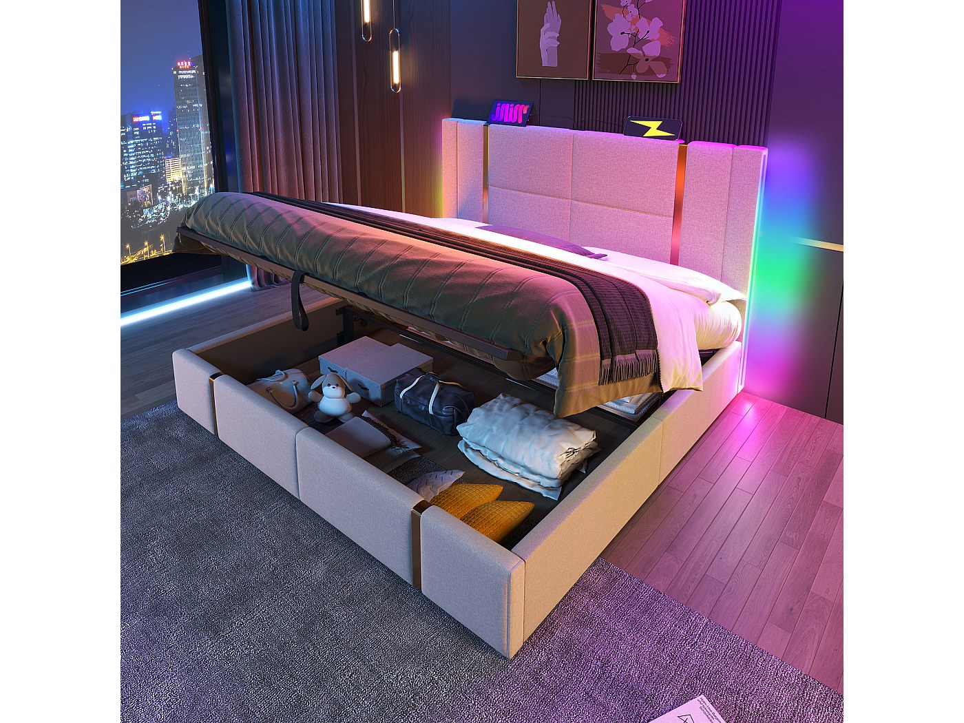 Lit coffre 140 x 200 cm avec tête de lit - Prises USB et Type-C - LEDs ...