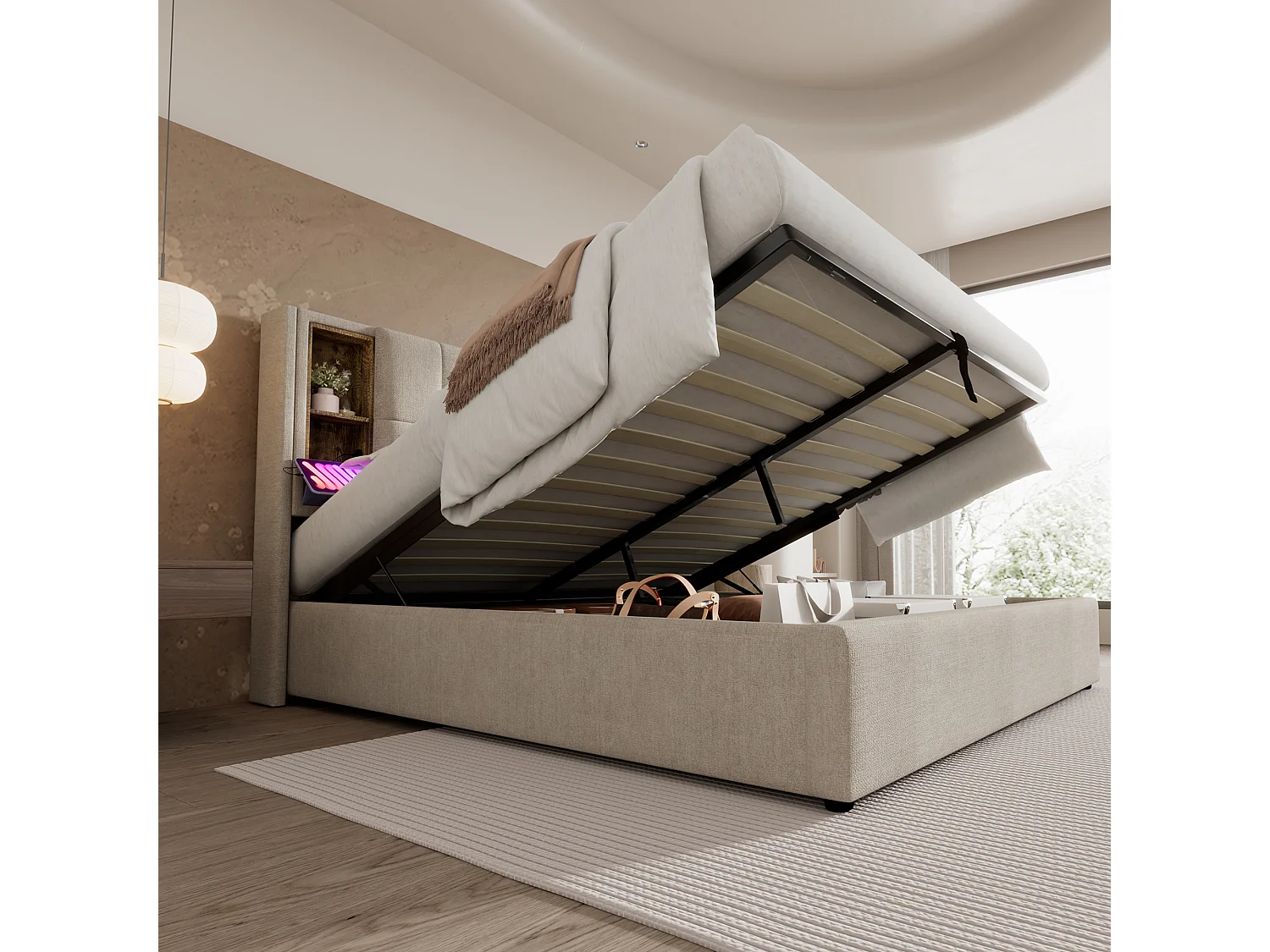 Bett mit Stauraum 140 x 200 cm mit Stauraum-Kopfteil – USB- und Typ-C-Anschlüsse – Leinenstoff – natürliche Farbe