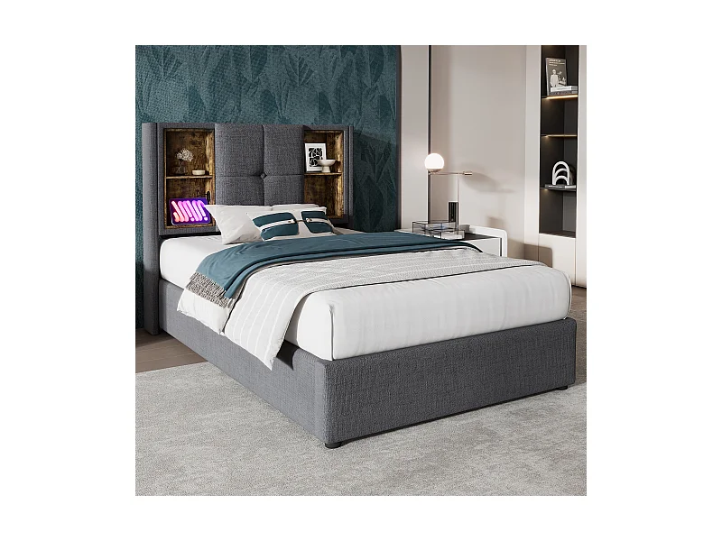 Letto contenitore 90 x 200 cm con testiera contenitore - Prese USB e Type C - Tessuto in cotone - Colore Grigio