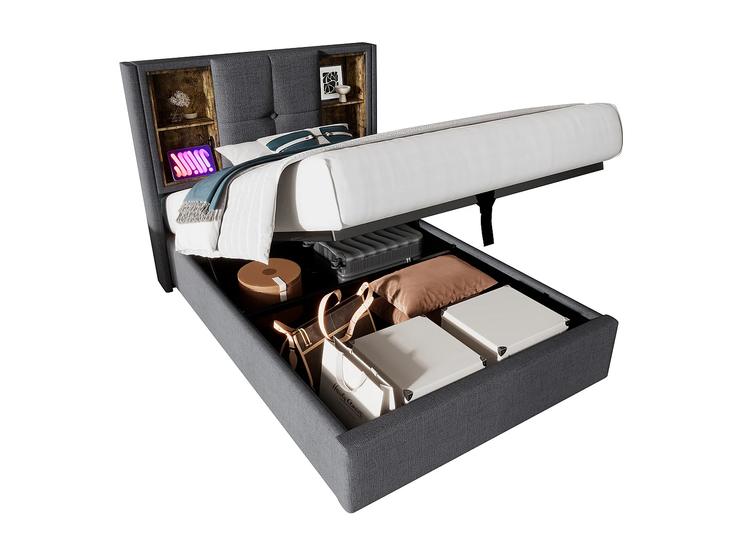 Opbergbed 90 x 200 cm met opberghoofdeinde - USB- en Type C-aansluitingen - Katoenen stof - Grijze kleur