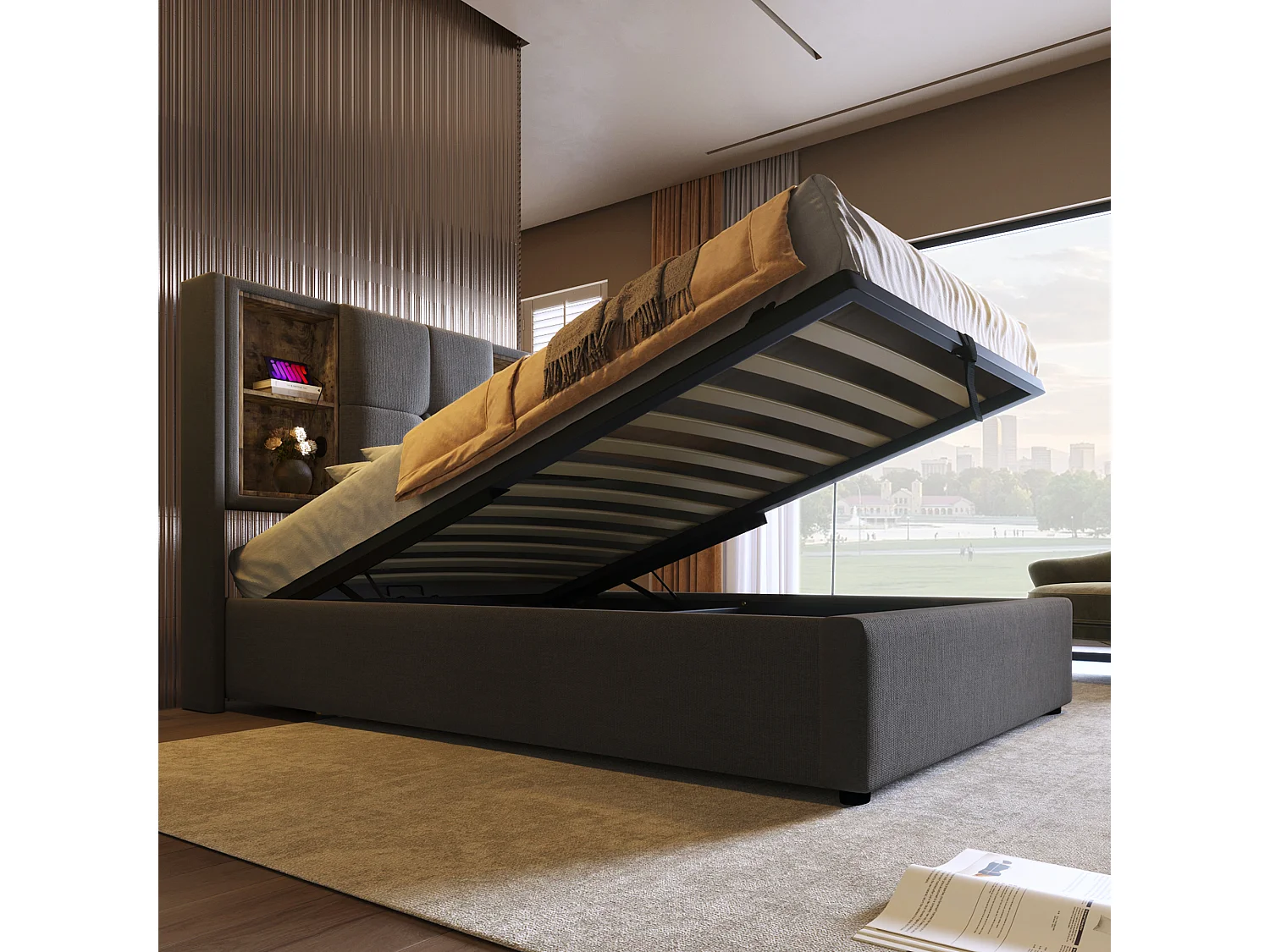 Opbergbed 90 x 200 cm met opberghoofdeinde - USB- en Type C-aansluitingen - Katoenen stof - Grijze kleur