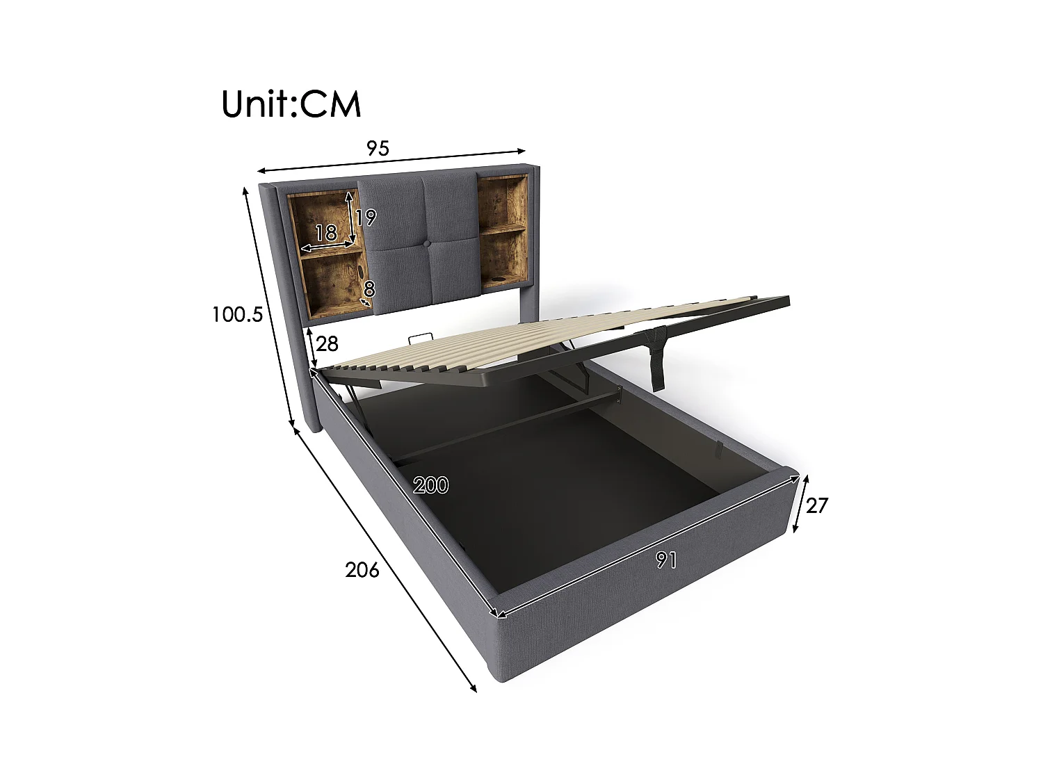 Cama contenedor 90 x 200 cm con cabecero contenedor - Tomas USB y tipo C - Tejido de algodón - Color gris