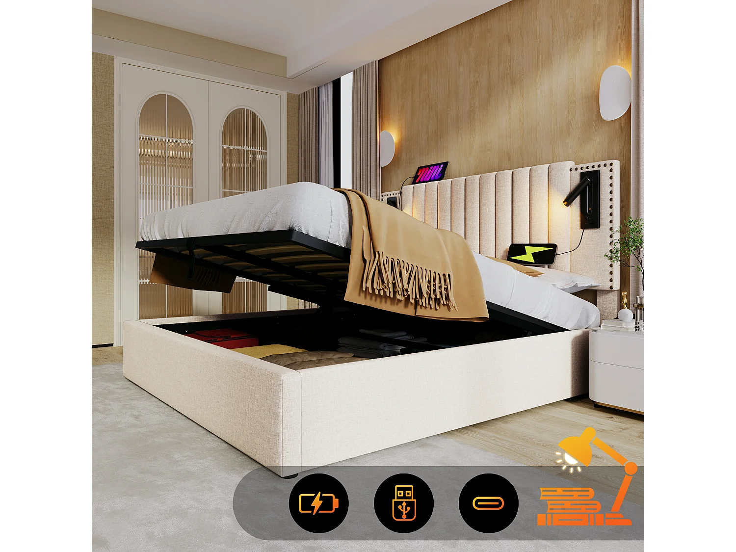 Lit coffre 140 x 200 cm avec tête de lit - Prises USB et lampe de lecture - Tissu en coton - motif rivet - Beige (sans matelas)