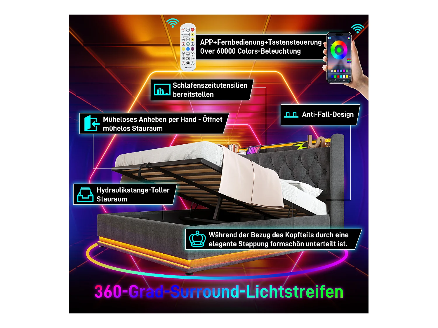 Opbergbed 140 x 200 cm met opberghoofdeinde - USB- en LED-aansluitingen - Linnenstof - Knooppatroon - Grijs (zonder matras)