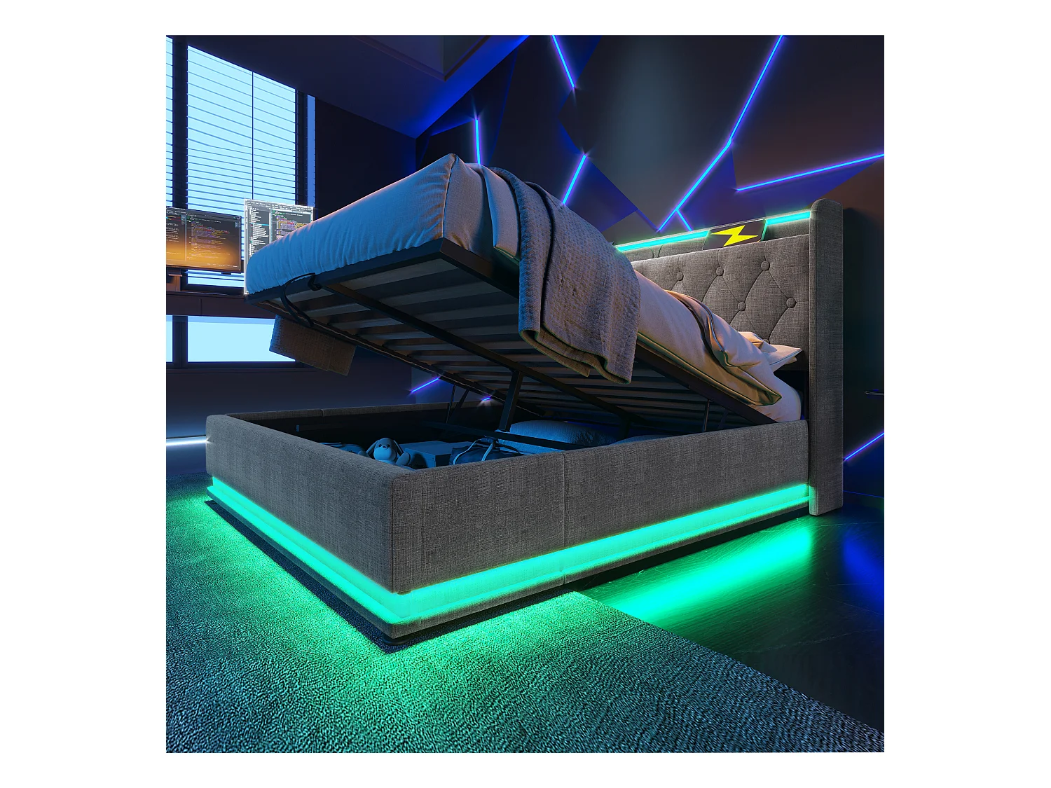 Opbergbed 140 x 200 cm met opberghoofdeinde - USB- en LED-aansluitingen - Linnenstof - Knooppatroon - Grijs (zonder matras)