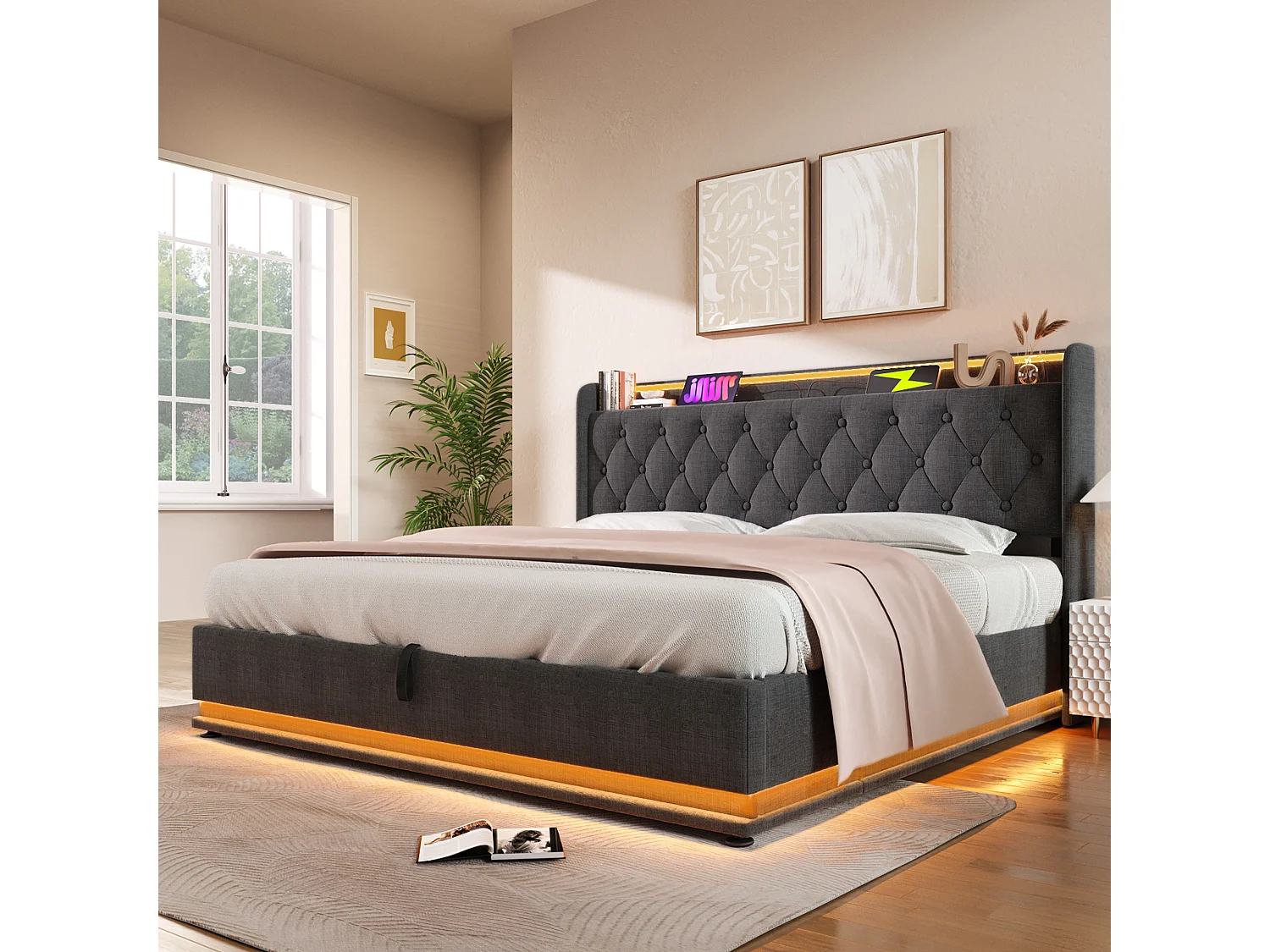 Opbergbed 140 x 200 cm met opberghoofdeinde - USB- en LED-aansluitingen - Linnenstof - Knooppatroon - Grijs (zonder matras)