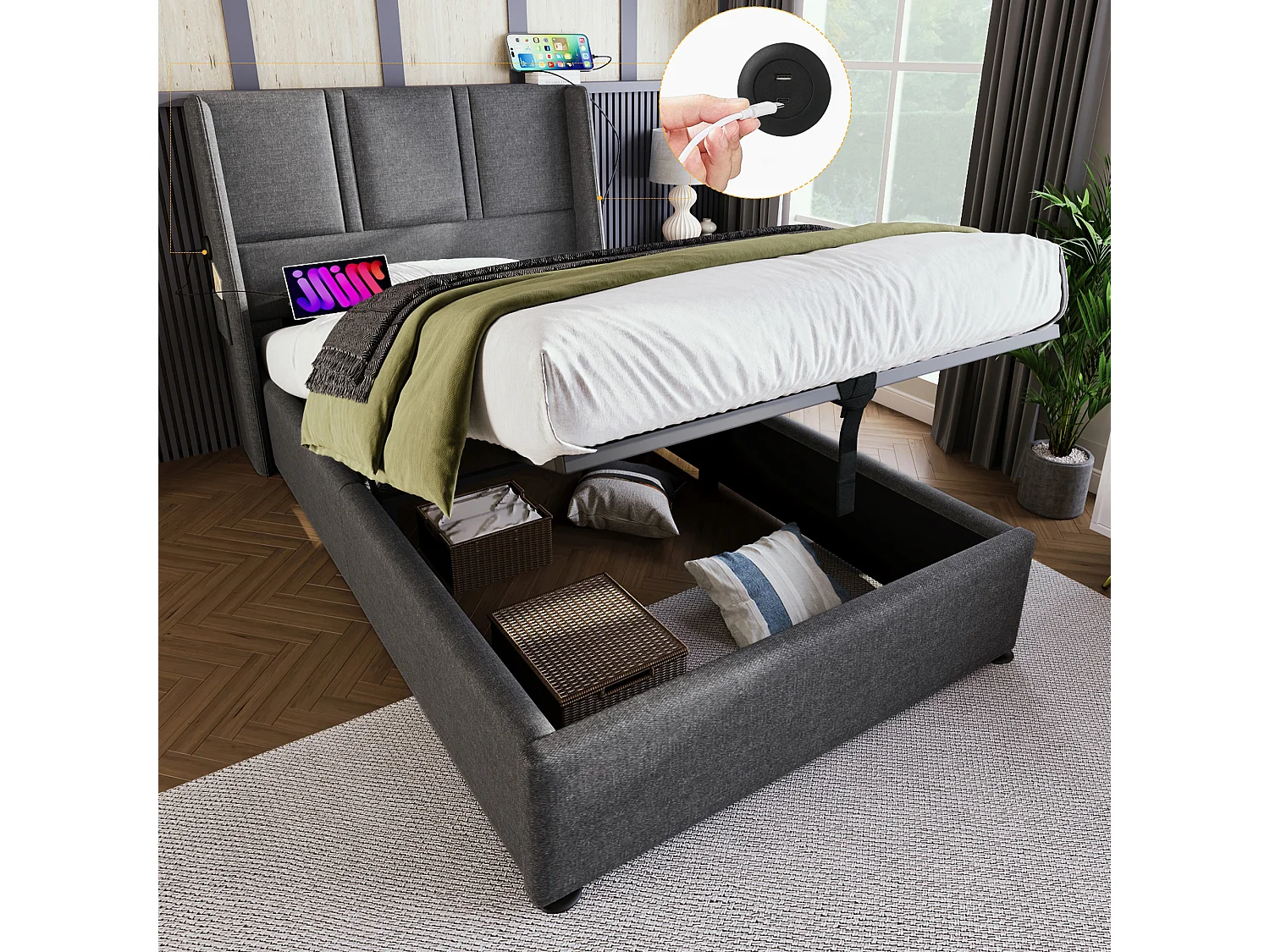 Cama de armazenamento 90 x 200 cm com cabeceira - Tomadas USB/Tipo C - Tecido de linho - Cinza (sem colchão)