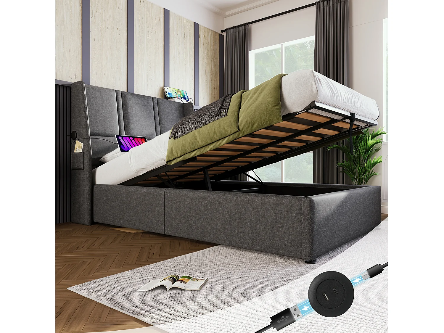 Cama de armazenamento 90 x 200 cm com cabeceira - Tomadas USB/Tipo C - Tecido de linho - Cinza (sem colchão)