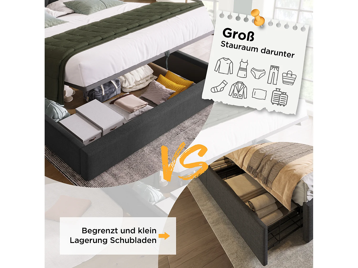 Cama de armazenamento 90 x 200 cm com cabeceira - Tomadas USB/Tipo C - Tecido de linho - Cinza (sem colchão)