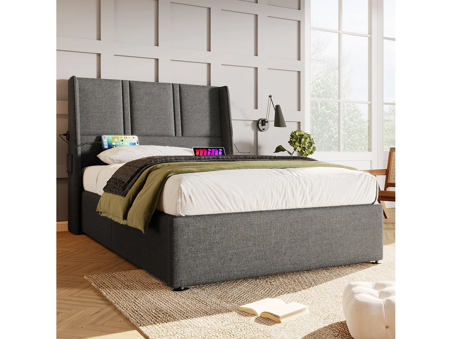 Cama de armazenamento 90 x 200 cm com cabeceira - Tomadas USB/Tipo C - Tecido de linho - Cinza (sem colchão)