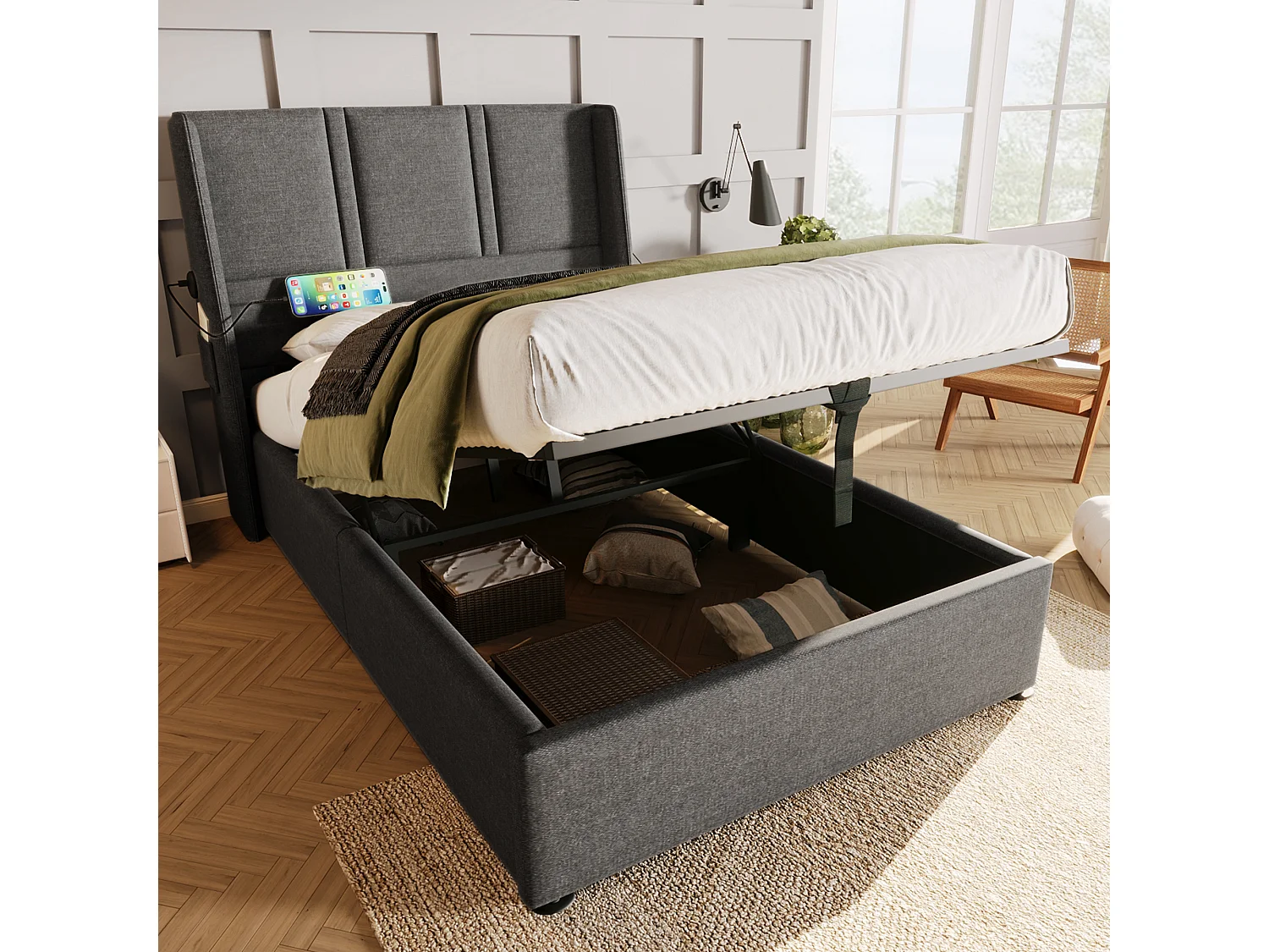 Cama de armazenamento 90 x 200 cm com cabeceira - Tomadas USB/Tipo C - Tecido de linho - Cinza (sem colchão)