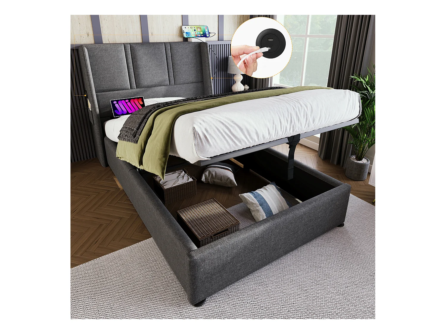 Letto contenitore 90 x 200 cm con testiera - Prese USB/Type-C - Tessuto Lino - Grigio (senza materasso)