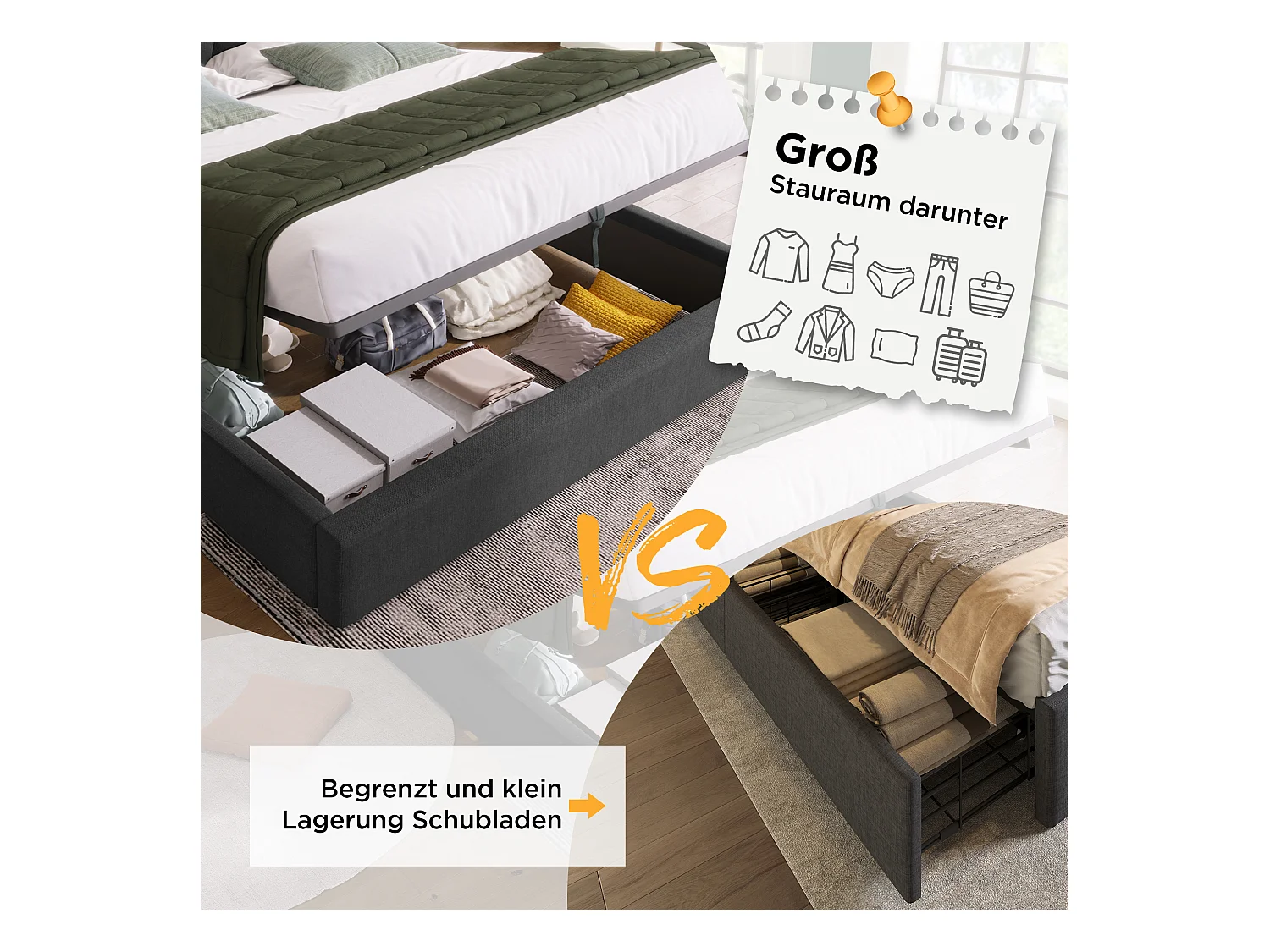 Letto contenitore 90 x 200 cm con testiera - Prese USB/Type-C - Tessuto Lino - Grigio (senza materasso)