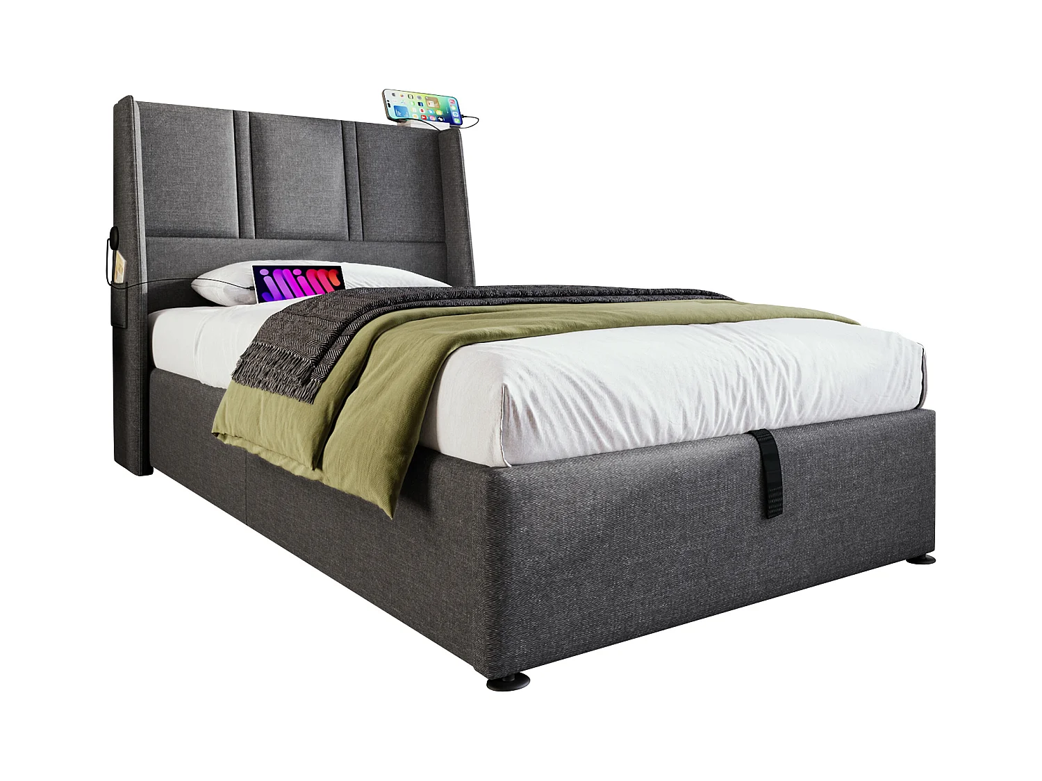 Letto contenitore 90 x 200 cm con testiera - Prese USB/Type-C - Tessuto Lino - Grigio (senza materasso)