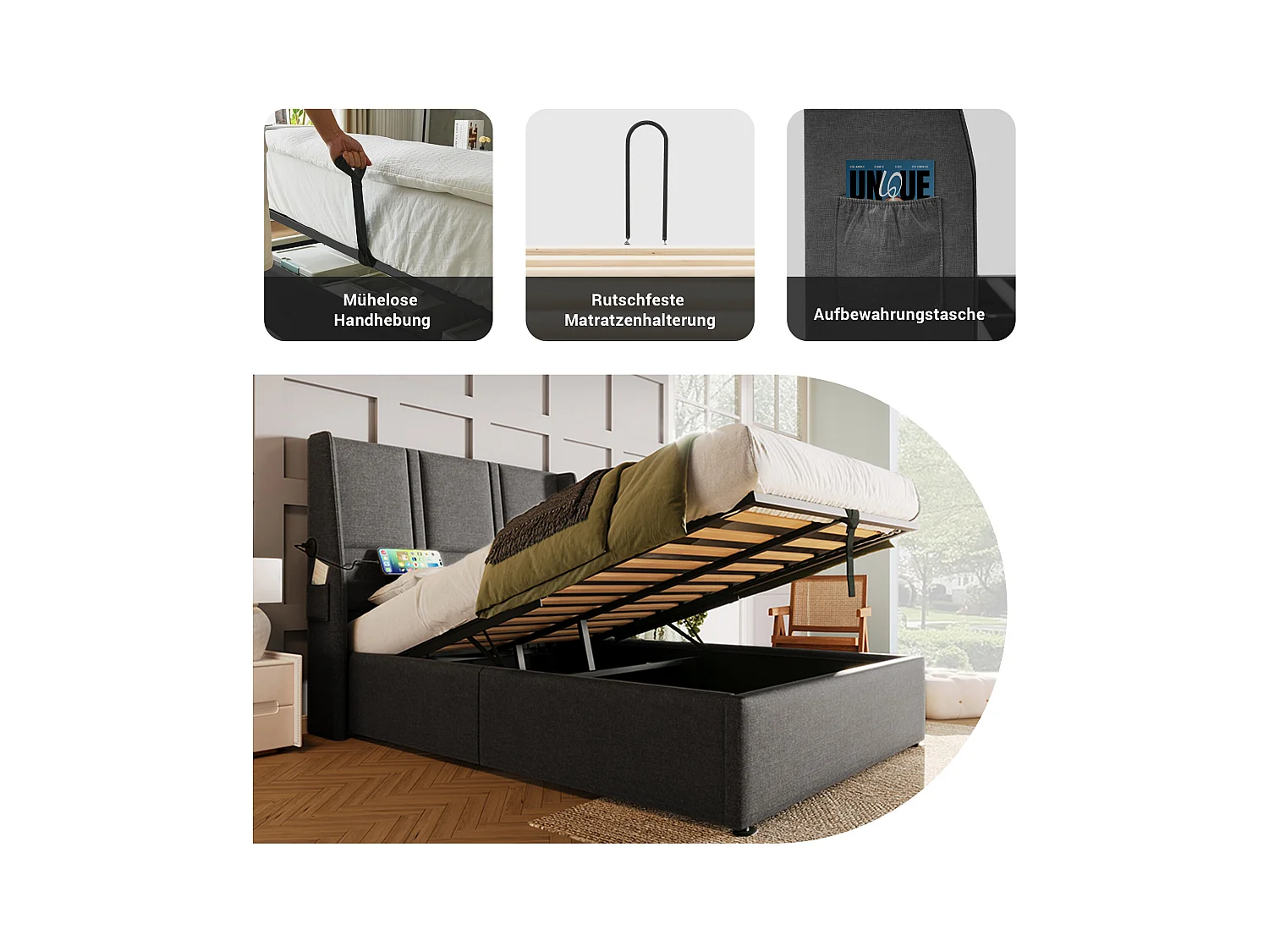 Letto contenitore 90 x 200 cm con testiera - Prese USB/Type-C - Tessuto Lino - Grigio (senza materasso)