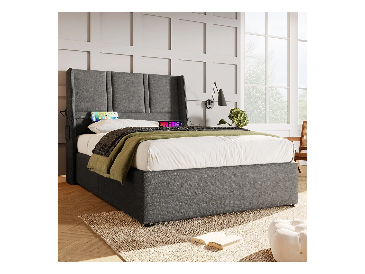 Letto contenitore 90 x 200 cm con testiera - Prese USB/Type-C - Tessuto Lino - Grigio (senza materasso)