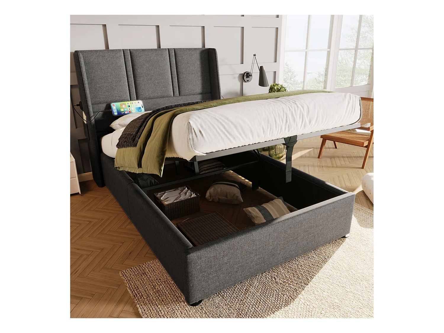 Letto contenitore 90 x 200 cm con testiera - Prese USB/Type-C - Tessuto Lino - Grigio (senza materasso)