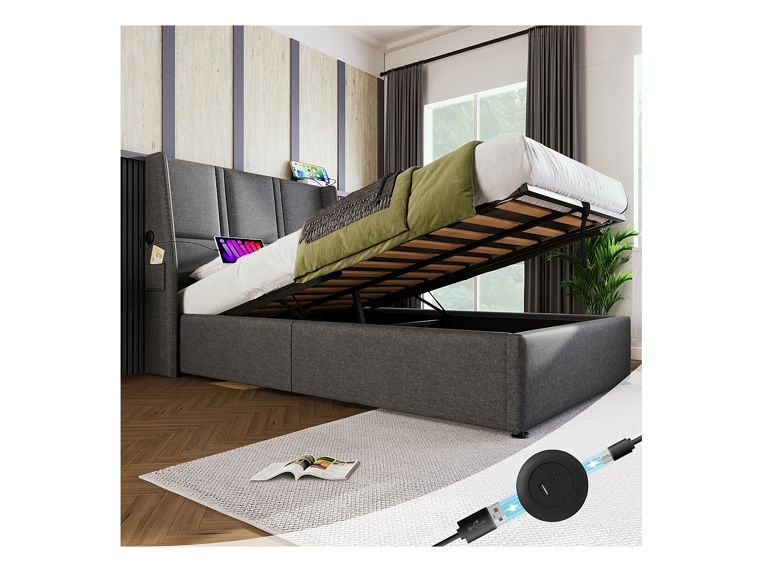 Letto contenitore 90 x 200 cm con testiera - Prese USB/Type-C - Tessuto Lino - Grigio (senza materasso)