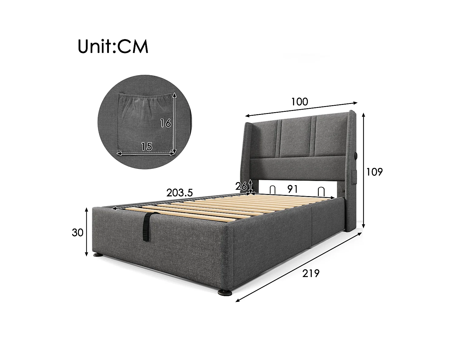 Letto contenitore 90 x 200 cm con testiera - Prese USB/Type-C - Tessuto Lino - Grigio (senza materasso)