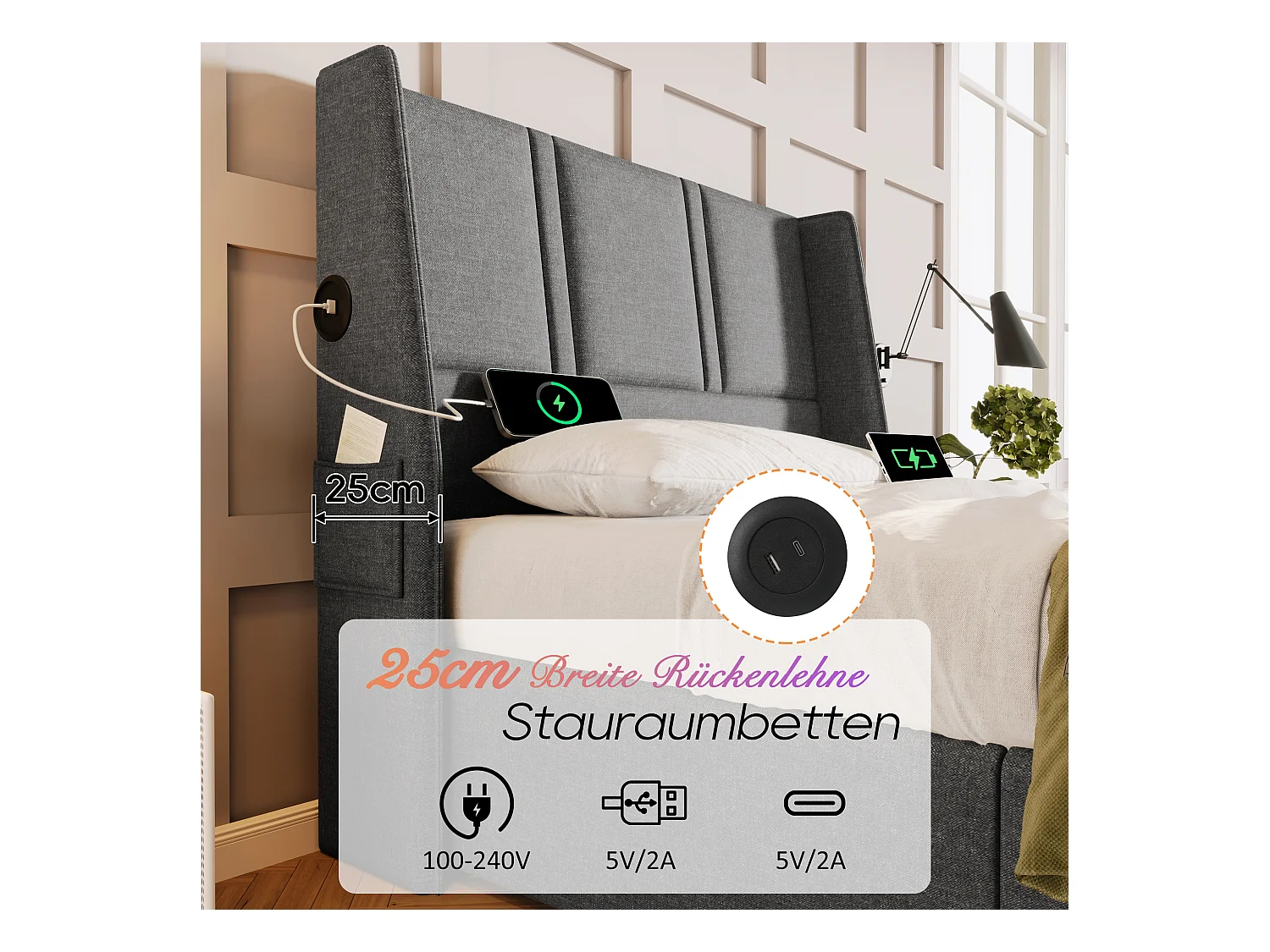 Letto contenitore 90 x 200 cm con testiera - Prese USB/Type-C - Tessuto Lino - Grigio (senza materasso)