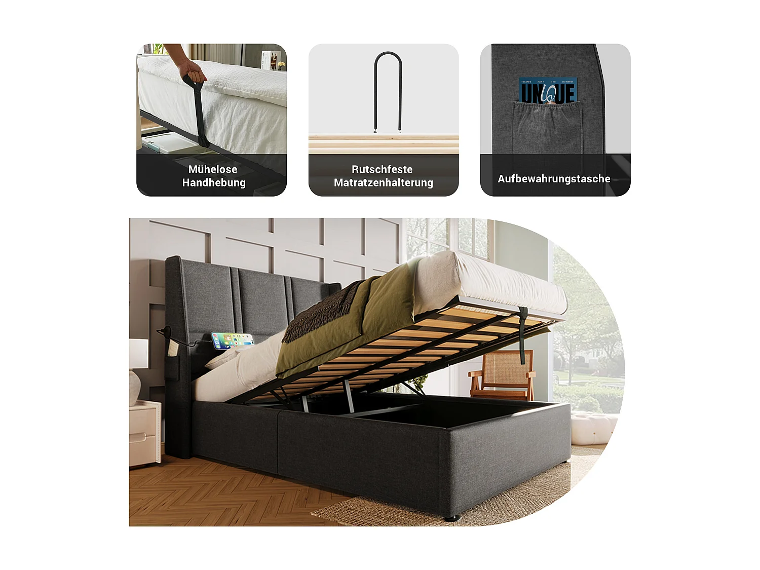 Cama de armazenamento 90 x 200 cm com cabeceira - Tomadas USB/Tipo C - Tecido de linho - Cinza (sem colchão)