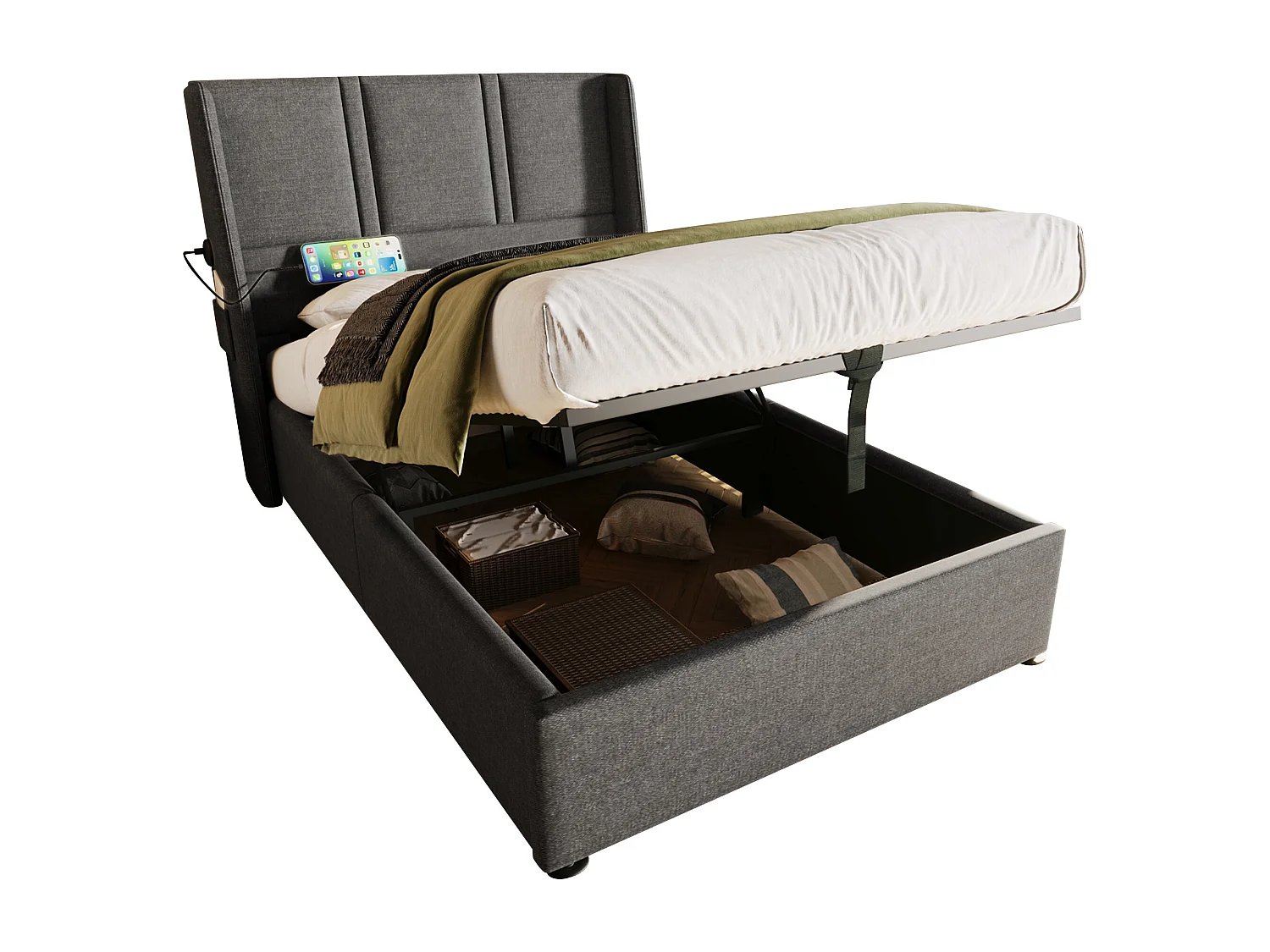 Cama de armazenamento 90 x 200 cm com cabeceira - Tomadas USB/Tipo C - Tecido de linho - Cinza (sem colchão)